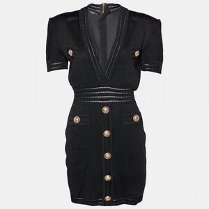 Balmain Black Pique Knit V-Neck Bodycon Mini Dress NWT 38